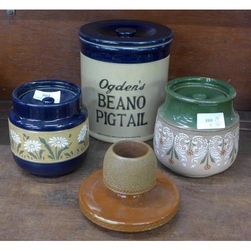 707 - Three Langley pottery jars and a Langley match holder