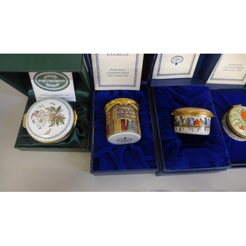 723 - A collection of Halcyon Days Enamels trinket boxes, four boxed, Portmeirion enamel box, a Halcyon se... 