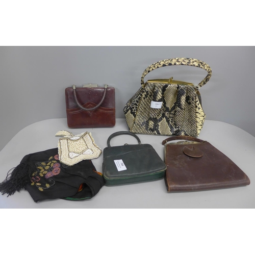 766 - Three Victorian leather handbags, two Victorian beadwork handbags and a vintage handbag