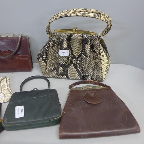 766 - Three Victorian leather handbags, two Victorian beadwork handbags and a vintage handbag