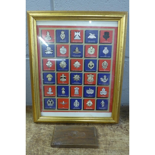 806 - A carved RAF wooden box, a/f and a collection of reproduction badges