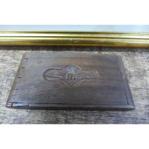 806 - A carved RAF wooden box, a/f and a collection of reproduction badges