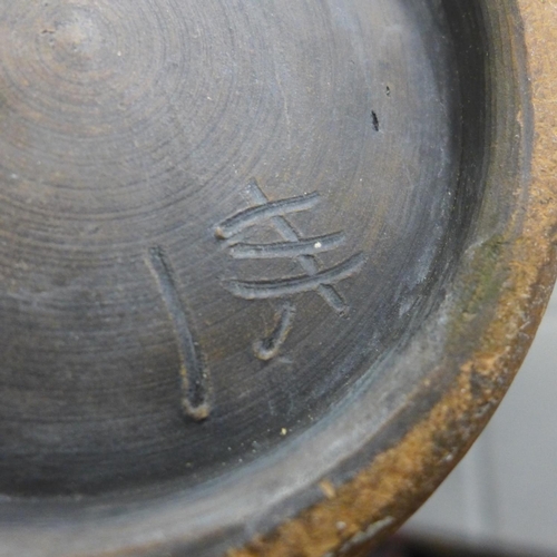 807 - Two carved wooden warrior figures, a dragon decorated tray and a Japanese style vase