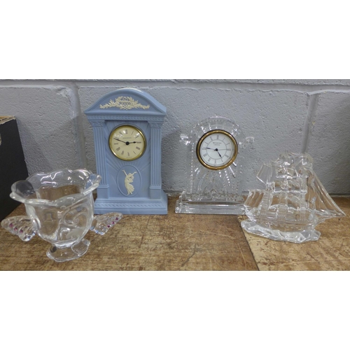 809 - A Wedgwood Jasperware clock, a Waterford Crystal clock, a tall masted ship and a small glass vase