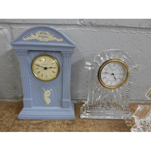 809 - A Wedgwood Jasperware clock, a Waterford Crystal clock, a tall masted ship and a small glass vase