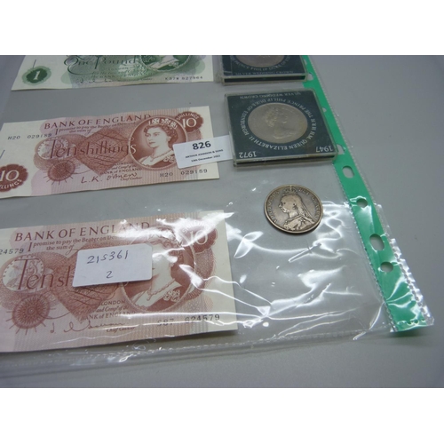 826 - A Victorian 1887 half crown, two commemorative crowns and British bank notes