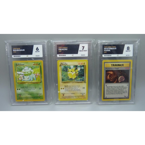 833 - 1999 ACE graded Pokemon cards, Pikachu, Bulbasaur and Mysterious Fossil