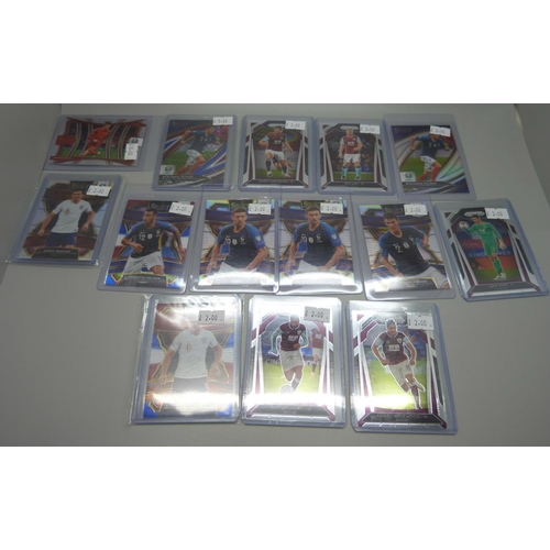 839 - Fourteen holo Panini Prizm and Select soccer cards including Gareth Bale and Benjamin Pavard in prot... 