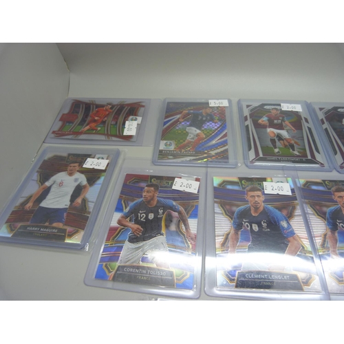 839 - Fourteen holo Panini Prizm and Select soccer cards including Gareth Bale and Benjamin Pavard in prot... 