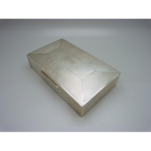 856 - An Art Deco style silver cigarette box with wood lining, Birmingham 1959, 356g gross weight