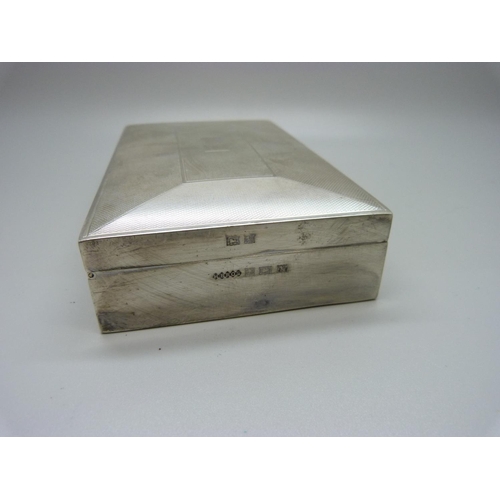 856 - An Art Deco style silver cigarette box with wood lining, Birmingham 1959, 356g gross weight