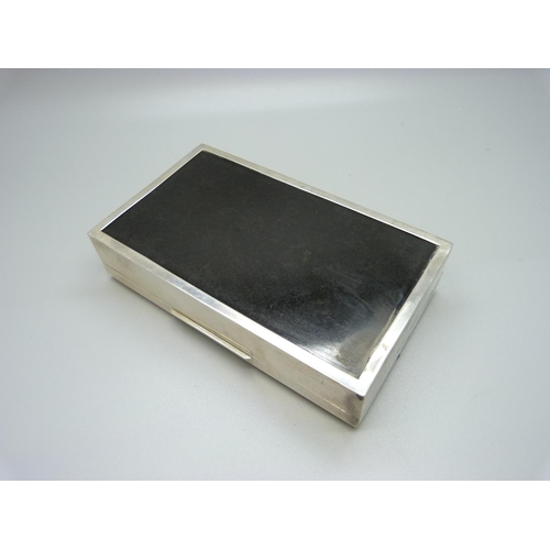 856 - An Art Deco style silver cigarette box with wood lining, Birmingham 1959, 356g gross weight