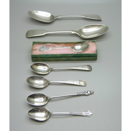 873 - Seven silver spoons including an apostle spoon and commemorative, 145g