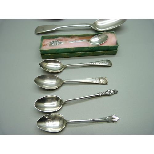 873 - Seven silver spoons including an apostle spoon and commemorative, 145g