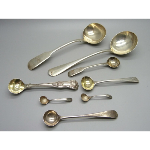 874 - Two silver ladles and six silver condiment and salt spoons, 209g