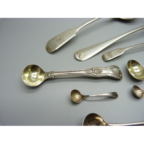 874 - Two silver ladles and six silver condiment and salt spoons, 209g