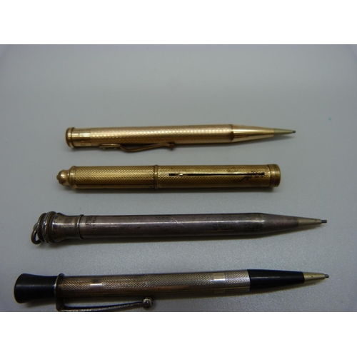 875 - A collection of seven mechanical pencils, rolled gold, silver and stainless steel