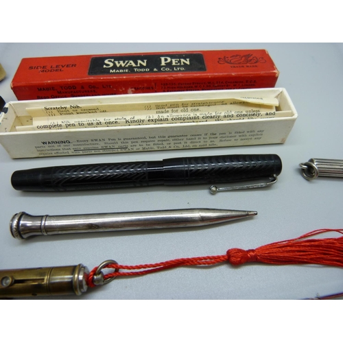 941 - A Swan fountain pen with 14ct gold nib, assorted pens and pencils including silver