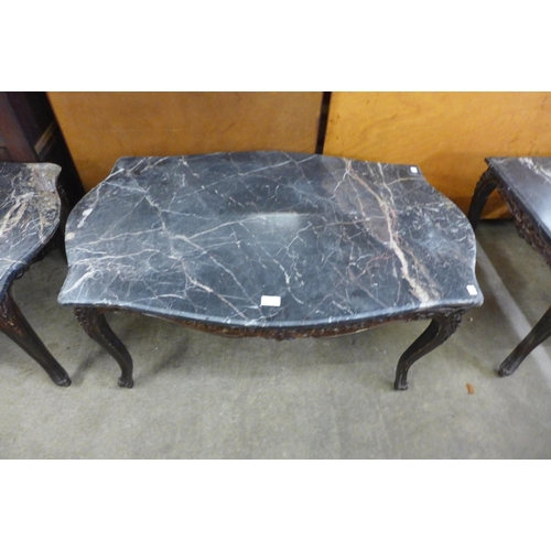 147 - A pair of French style beech and marble topped serpentine coffee tables