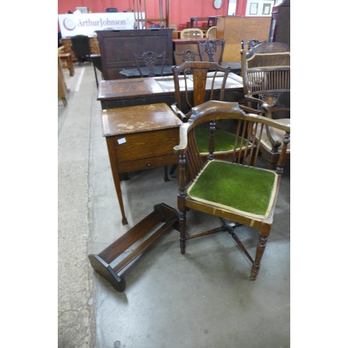 187 - Two Edward VII inlaid mahogany chairs, an oak book shelf and a sewing table