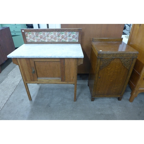 207 - An Edward VII oak and marble topped washstand and an oak pot cupboard