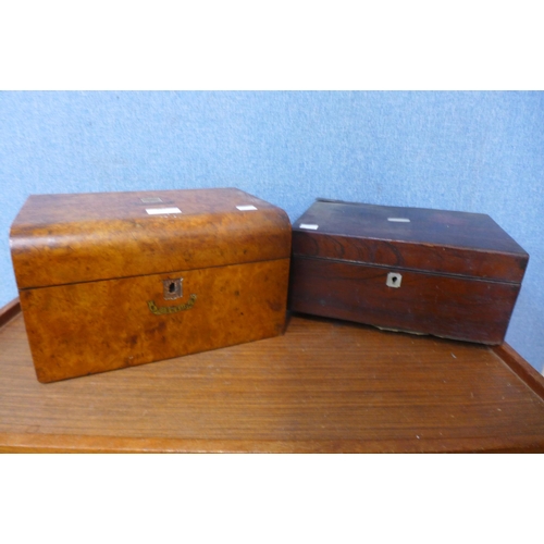 367 - A Victorian burr walnut lady's vanity box and a Victorian rosewood box