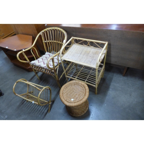 55 - A bamboo chair, a bamboo magazine rack, small whatnot and a stool