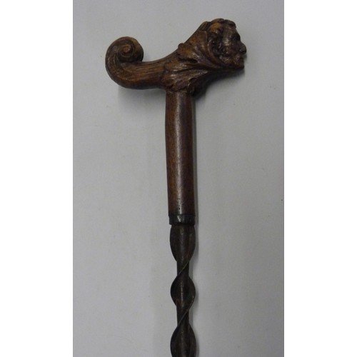 817 - A 19th Century Duke of Wellington 'The Iron Duke' walking stick with carved oak handle and spiral tw... 