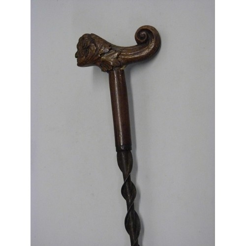 817 - A 19th Century Duke of Wellington 'The Iron Duke' walking stick with carved oak handle and spiral tw... 