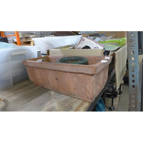 2120 - 40cm x 15cm terracotta ceramic trough planter and small glazed planter