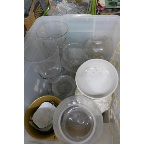 2123 - Approx. 100 items of glass and tableware ex wedding venue - cakestands, plates, bowls, vases, flasks... 