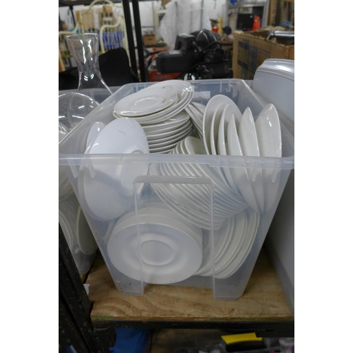 2123 - Approx. 100 items of glass and tableware ex wedding venue - cakestands, plates, bowls, vases, flasks... 