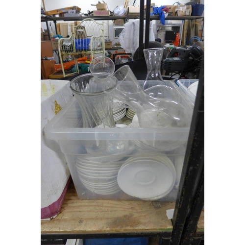 2123 - Approx. 100 items of glass and tableware ex wedding venue - cakestands, plates, bowls, vases, flasks... 