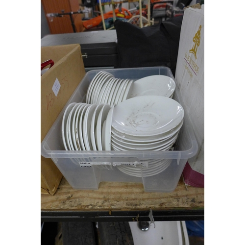 2123 - Approx. 100 items of glass and tableware ex wedding venue - cakestands, plates, bowls, vases, flasks... 