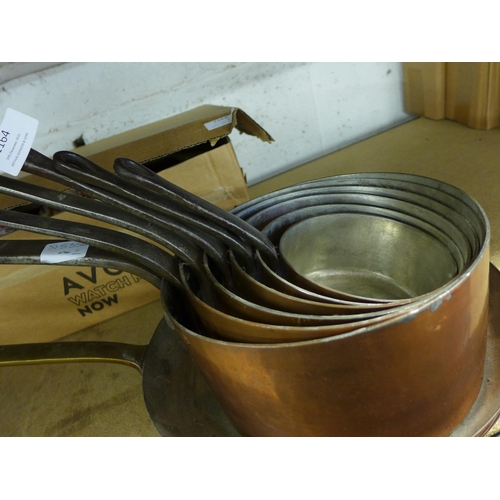 2164 - Six lined copper pans, two Villedieu, one Allez Frere, full cooks range of pans