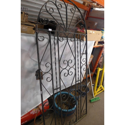 2331 - Approx 6ft scroll motif wrought iron garden gate with latch, latch fasten and hinges