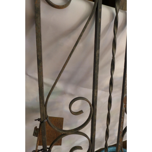 2331 - Approx 6ft scroll motif wrought iron garden gate with latch, latch fasten and hinges