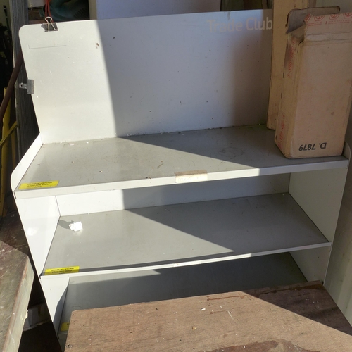 2332 - Two metal garage shelves and a metal bench plus Workmate workbench