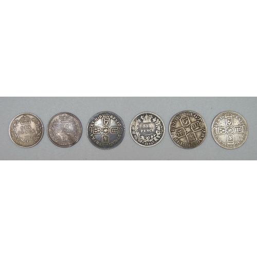 1015 - Six sixpence coins, 2x William III, 1696 and 1697, Queen Anne 1711 and three Victorian