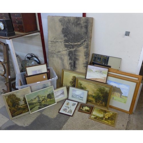 297 - Assorted paintings and prints, including a W. Meredith (1851-1916) charcoal landscape, a folio, etc.