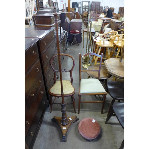 194 - Two Edward VII mahogany bedroom chairs, a Victorian mahogany pole screen pole and a stool