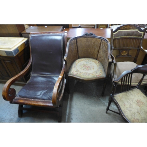 219 - An early 20th Century mahogany and upholstered armchair, a Victorian mahogany corner chair, an inlai... 