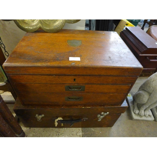 241 - An eastern brass topped folding occasional table, two oak boxes and a firescreen