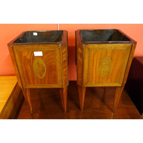 74 - A pair of George III inlaid satinwood and mahogany square shaped planters