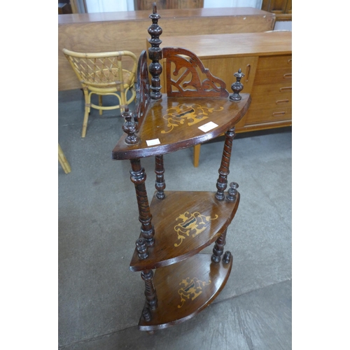 81 - A Victorian marquetry inlaid walnut three tier corner whatnot