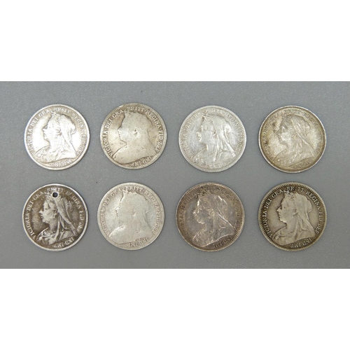 1008 - Eight Victorian 3d coins, one drilled