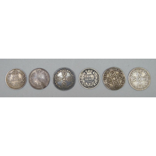 1015 - Six sixpence coins, 2x William III, 1696 and 1697, Queen Anne 1711 and three Victorian