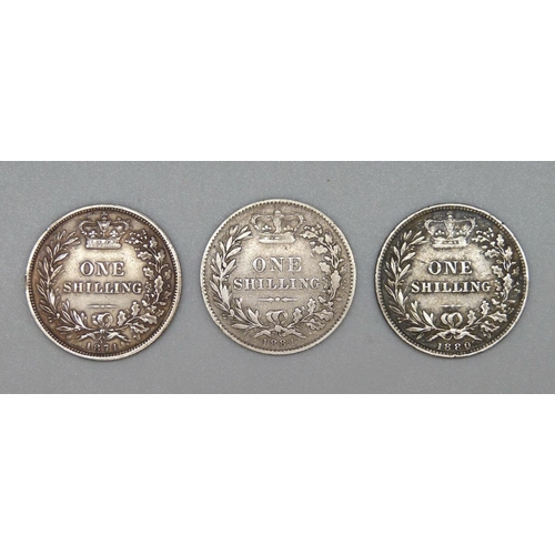 1026 - Three Victorian shillings, 1874, 1880 and 1881