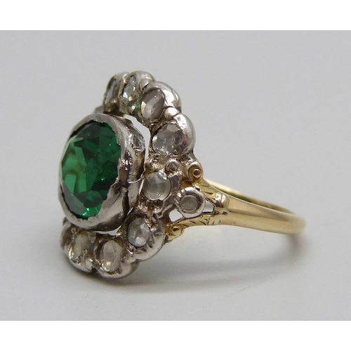 1035 - An old cut diamond and green stone yellow metal ring, white metal mounts, 6.1g, N