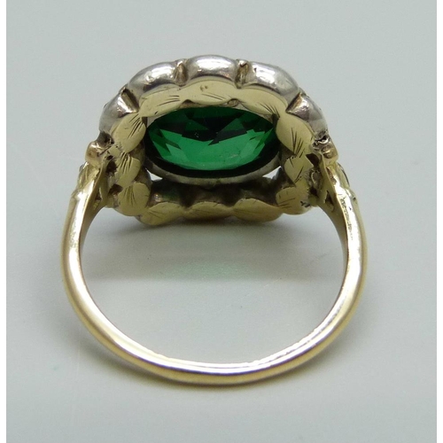 1035 - An old cut diamond and green stone yellow metal ring, white metal mounts, 6.1g, N